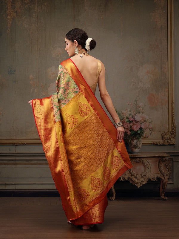 Green Pure Silk Woven Zari Design Geomatric Saree with Unstitched Blouse - Hiral Fashion - Distacart