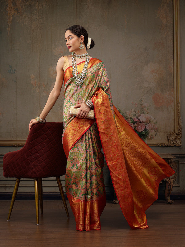 Green Pure Silk Woven Zari Design Geomatric Saree with Unstitched Blouse - Hiral Fashion - Distacart