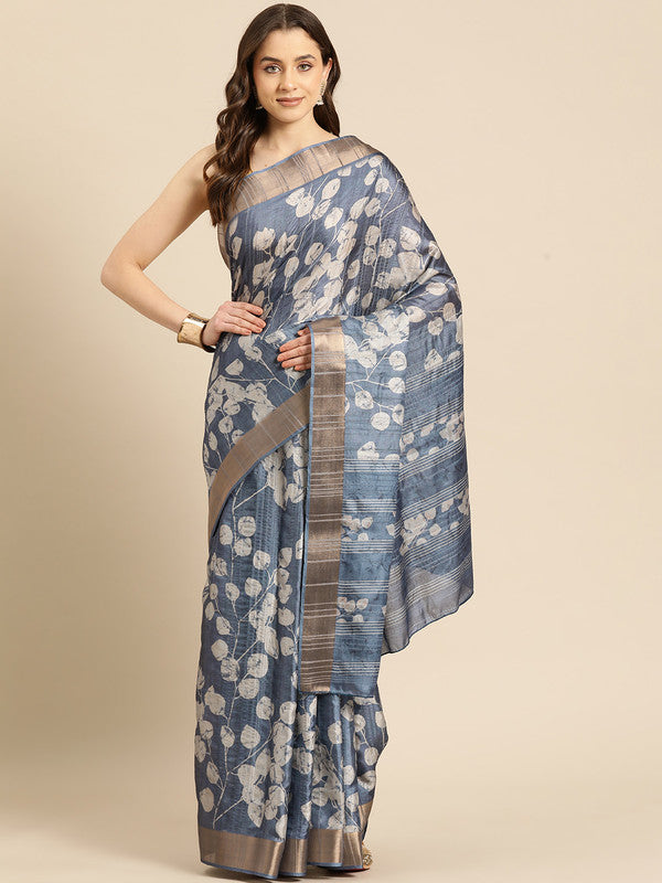 Blue Silk Blend Digital Print Floral Saree with Unstitched Blouse - Hiral Fashion - Distacart