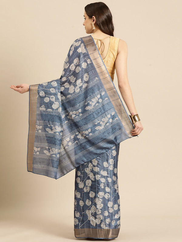 Blue Silk Blend Digital Print Floral Saree with Unstitched Blouse - Hiral Fashion - Distacart