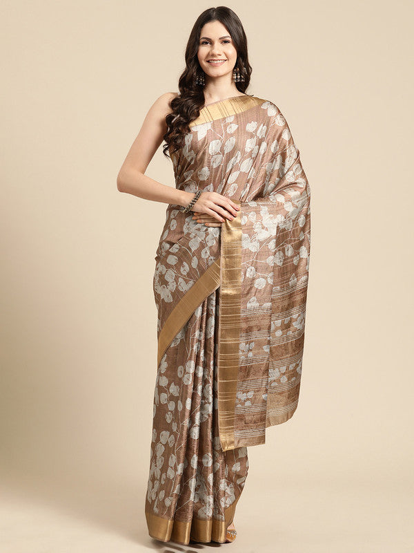 Brown Silk Blend Digital Print Floral Saree with Unstitched Blouse - Hiral Fashion - Distacart
