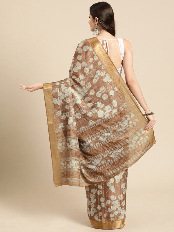 Brown Silk Blend Digital Print Floral Saree with Unstitched Blouse - Hiral Fashion - Distacart