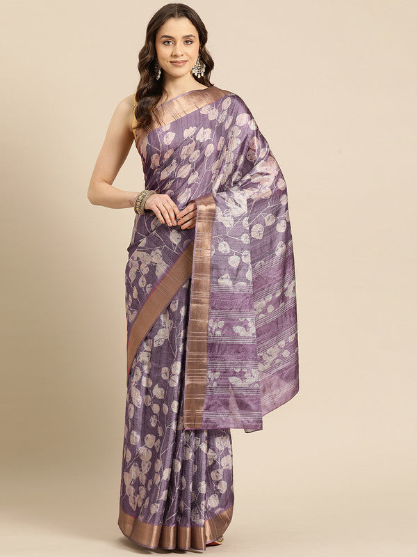 Lavender Silk Blend Digital Print Floral Saree with Unstitched Blouse - Hiral Fashion - Distacart
