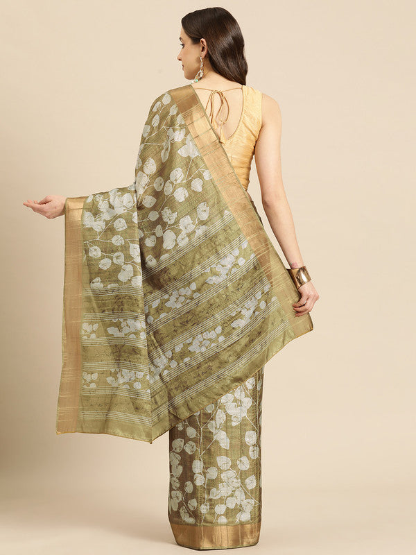 Olive Silk Blend Digital Print Floral Saree with Unstitched Blouse - Hiral Fashion - Distacart