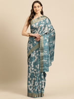 Thumbnail for Turquoise Silk Blend Digital Print Floral Saree with Unstitched Blouse - Hiral Fashion - Distacart