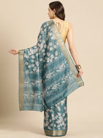 Thumbnail for Turquoise Silk Blend Digital Print Floral Saree with Unstitched Blouse - Hiral Fashion - Distacart