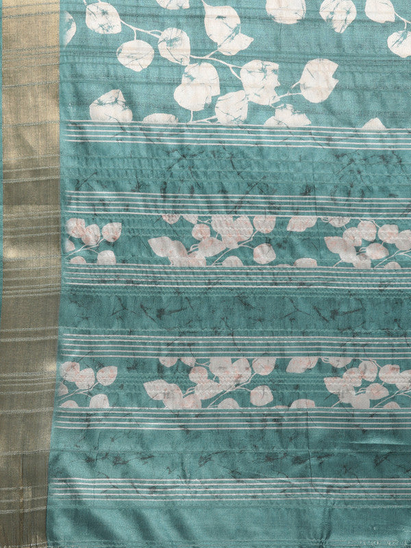 Turquoise Silk Blend Digital Print Floral Saree with Unstitched Blouse - Hiral Fashion - Distacart