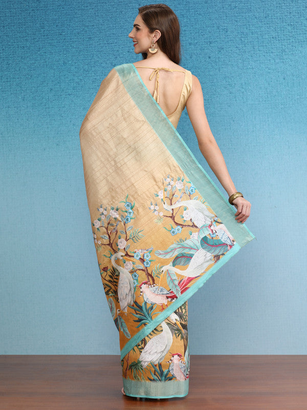 Beige Tusser Silk Digital Print Animal Print Saree with Unstitched Blouse - Hiral Fashion - Distacart