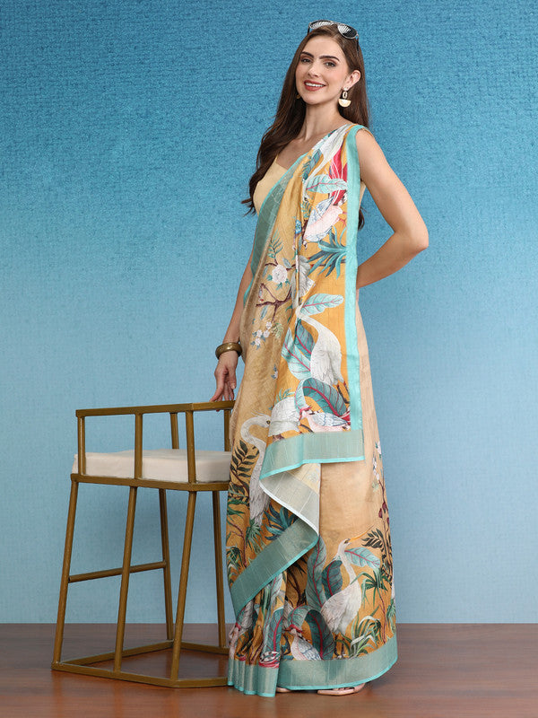 Beige Tusser Silk Digital Print Animal Print Saree with Unstitched Blouse - Hiral Fashion - Distacart