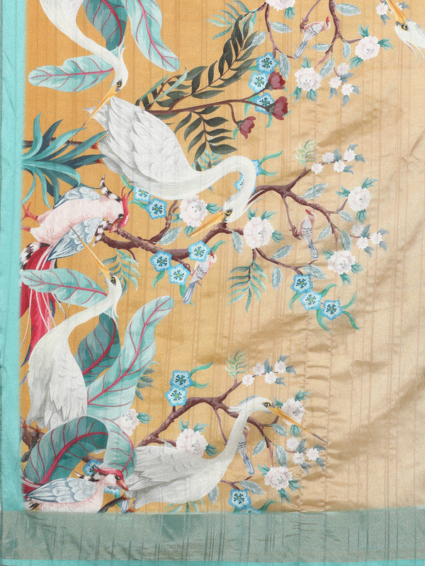 Beige Tusser Silk Digital Print Animal Print Saree with Unstitched Blouse - Hiral Fashion - Distacart