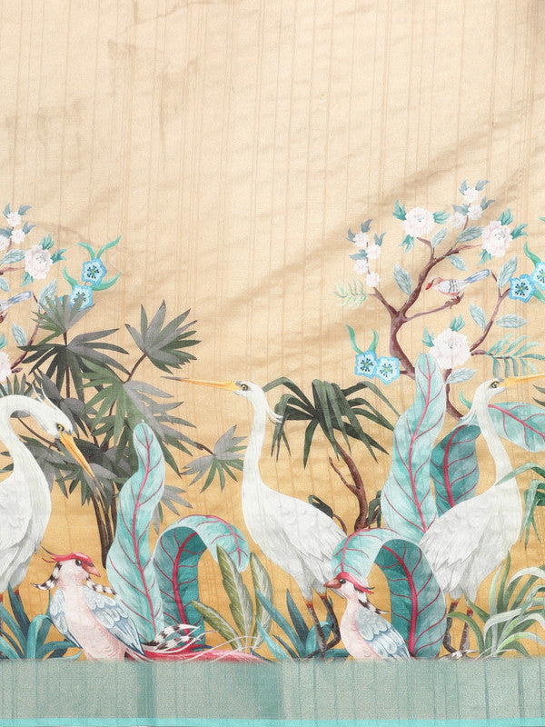 Beige Tusser Silk Digital Print Animal Print Saree with Unstitched Blouse - Hiral Fashion - Distacart