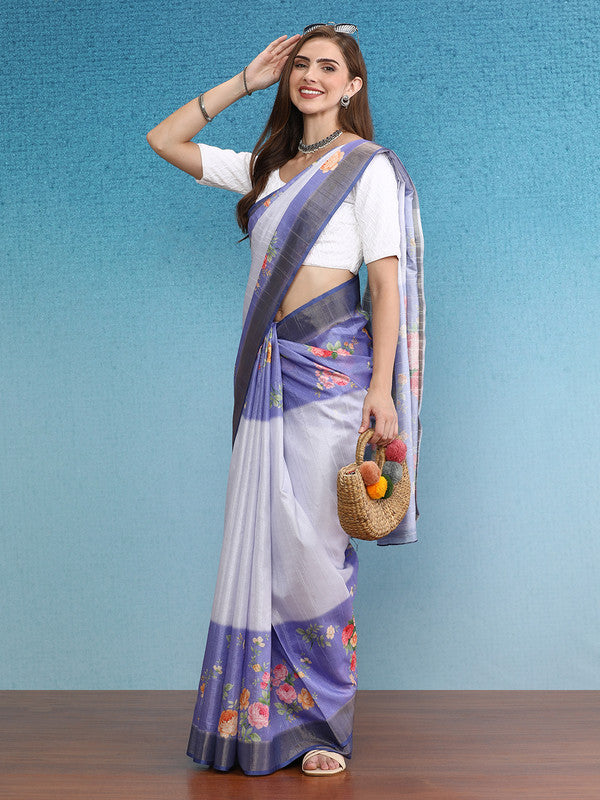 Lavender Tusser Silk Digital Print Floral Saree with Unstitched Blouse - Hiral Fashion - Distacart