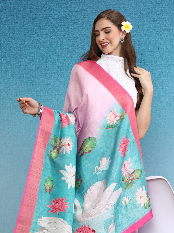 Pink Tusser Silk Digital Print Animal Print Saree with Unstitched Blouse - Hiral Fashion - Distacart