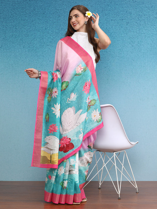 Pink Tusser Silk Digital Print Animal Print Saree with Unstitched Blouse - Hiral Fashion - Distacart