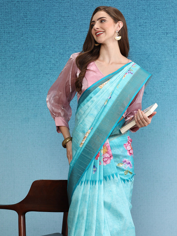 Turquoise Tusser Silk Digital Print Floral Saree with Unstitched Blouse - Hiral Fashion - Distacart