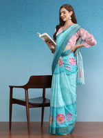 Thumbnail for Turquoise Tusser Silk Digital Print Floral Saree with Unstitched Blouse - Hiral Fashion - Distacart