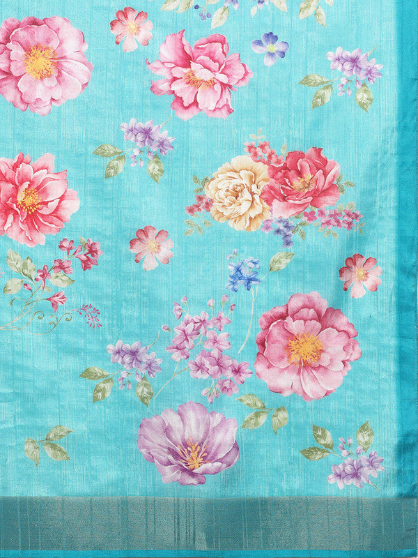 Turquoise Tusser Silk Digital Print Floral Saree with Unstitched Blouse - Hiral Fashion - Distacart