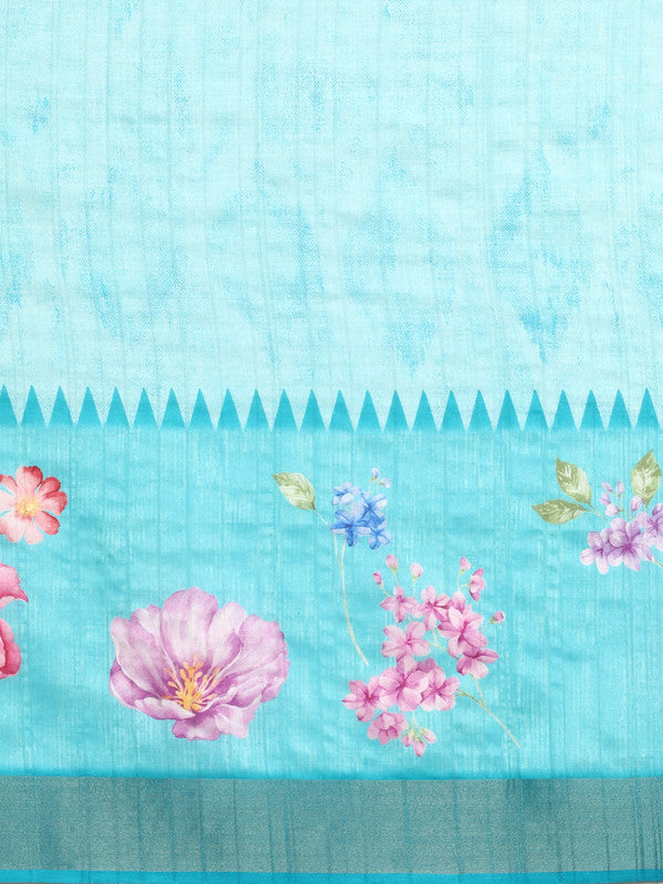 Turquoise Tusser Silk Digital Print Floral Saree with Unstitched Blouse - Hiral Fashion - Distacart