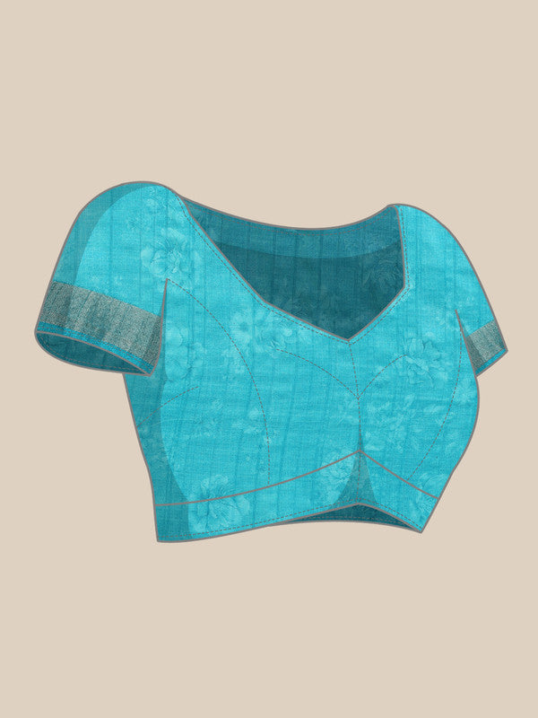 Turquoise Tusser Silk Digital Print Floral Saree with Unstitched Blouse - Hiral Fashion - Distacart