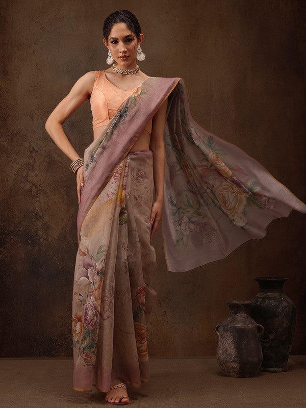 Beige Cotton Blend Digital Print Floral Saree with Unstitched Blouse - Hiral Fashion - Distacart