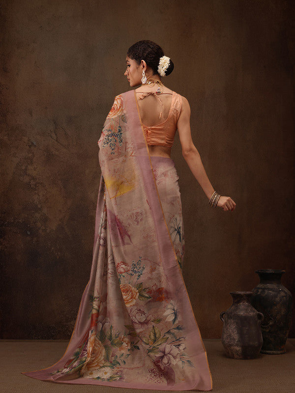 Beige Cotton Blend Digital Print Floral Saree with Unstitched Blouse - Hiral Fashion - Distacart