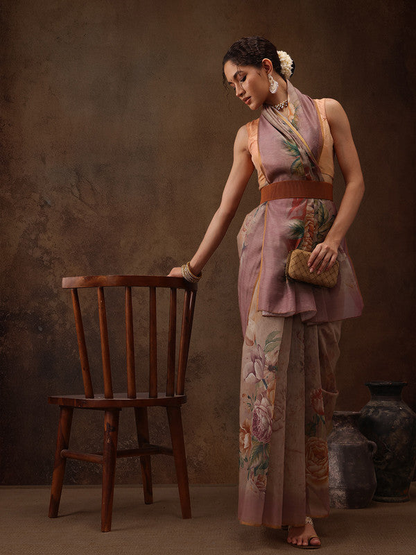 Beige Cotton Blend Digital Print Floral Saree with Unstitched Blouse - Hiral Fashion - Distacart