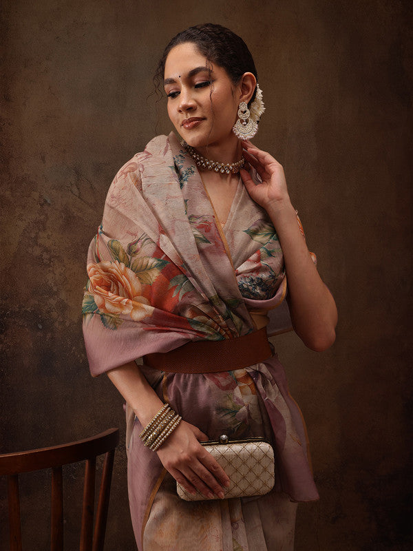 Beige Cotton Blend Digital Print Floral Saree with Unstitched Blouse - Hiral Fashion - Distacart