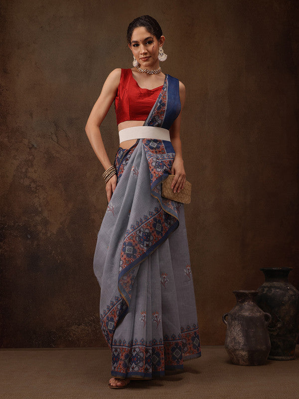 Gray Cotton Blend Digital Print Floral Saree with Unstitched Blouse - Hiral Fashion - Distacart