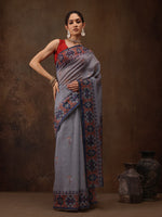 Thumbnail for Gray Cotton Blend Digital Print Floral Saree with Unstitched Blouse - Hiral Fashion - Distacart