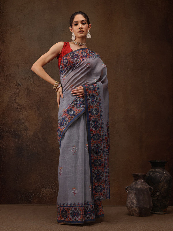 Gray Cotton Blend Digital Print Floral Saree with Unstitched Blouse - Hiral Fashion - Distacart