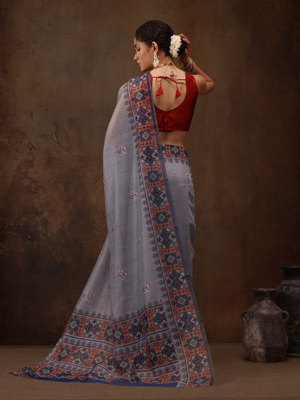 Gray Cotton Blend Digital Print Floral Saree with Unstitched Blouse - Hiral Fashion - Distacart