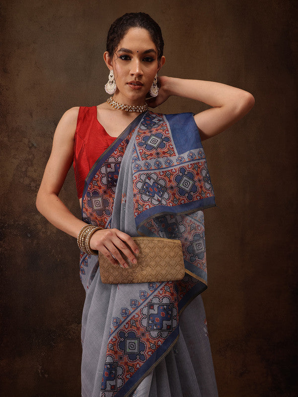 Gray Cotton Blend Digital Print Floral Saree with Unstitched Blouse - Hiral Fashion - Distacart