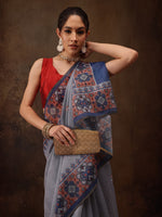 Thumbnail for Gray Cotton Blend Digital Print Floral Saree with Unstitched Blouse - Hiral Fashion - Distacart