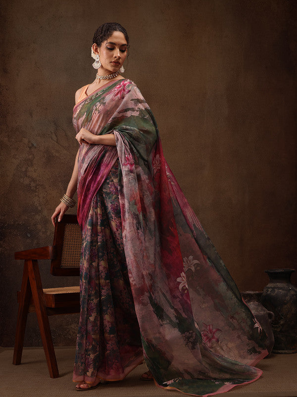 Multicolor Silk Blend Digital Print Floral Saree with Unstitched Blouse - Hiral Fashion - Distacart