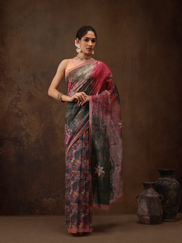 Multicolor Silk Blend Digital Print Floral Saree with Unstitched Blouse - Hiral Fashion - Distacart