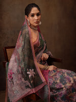 Thumbnail for Multicolor Silk Blend Digital Print Floral Saree with Unstitched Blouse - Hiral Fashion - Distacart
