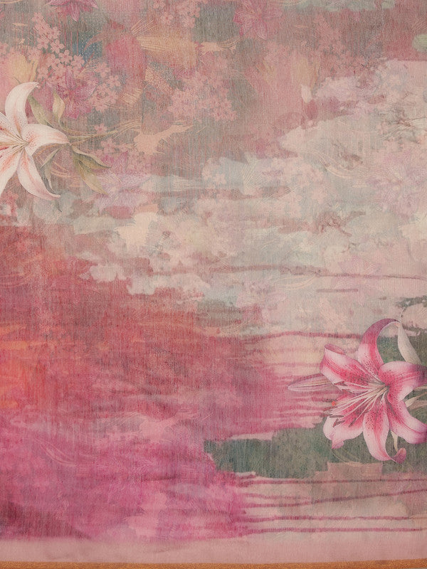 Multicolor Silk Blend Digital Print Floral Saree with Unstitched Blouse - Hiral Fashion - Distacart