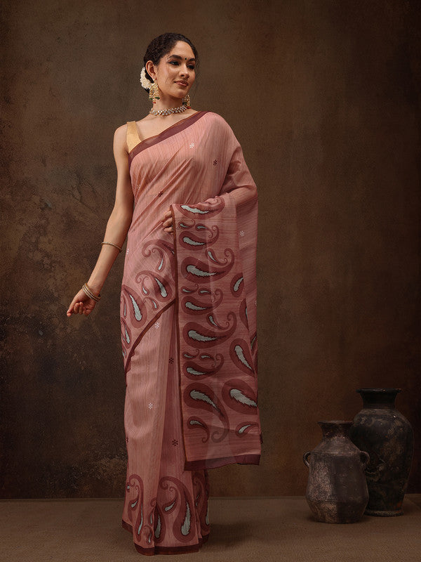 Peach Cotton Blend Digital Print Floral Saree with Unstitched Blouse - Hiral Fashion - Distacart