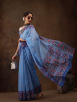 Thumbnail for Sky Blue Cotton Blend Digital Print Floral Saree with Unstitched Blouse - Hiral Fashion - Distacart