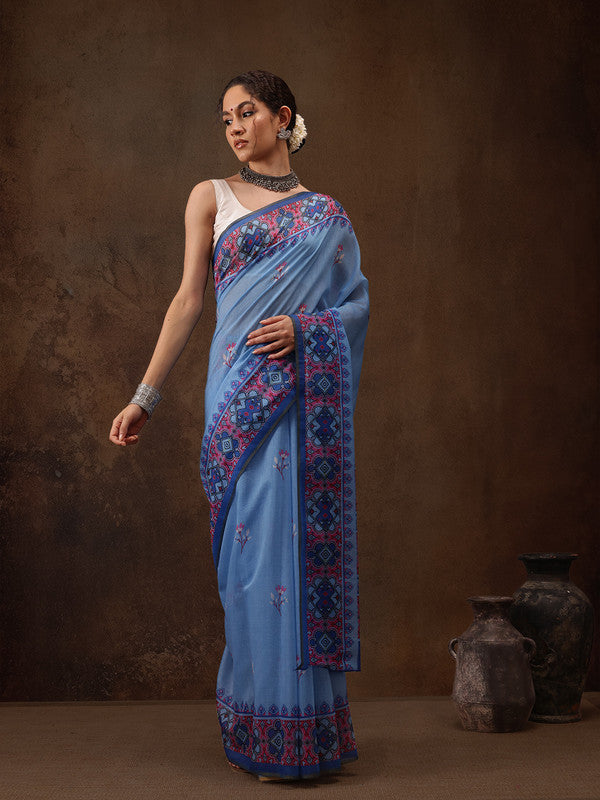 Sky Blue Cotton Blend Digital Print Floral Saree with Unstitched Blouse - Hiral Fashion - Distacart