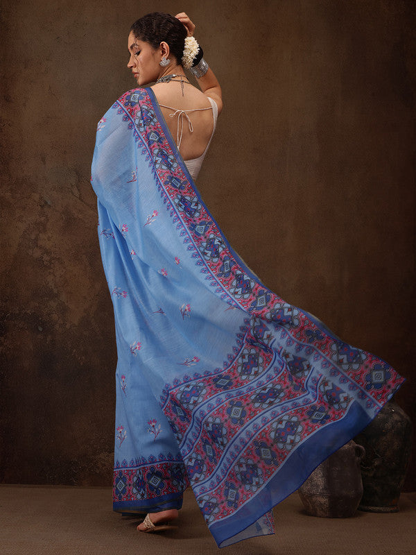 Sky Blue Cotton Blend Digital Print Floral Saree with Unstitched Blouse - Hiral Fashion - Distacart