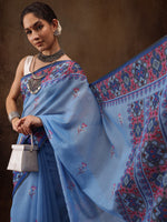 Thumbnail for Sky Blue Cotton Blend Digital Print Floral Saree with Unstitched Blouse - Hiral Fashion - Distacart
