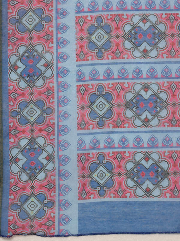 Sky Blue Cotton Blend Digital Print Floral Saree with Unstitched Blouse - Hiral Fashion - Distacart