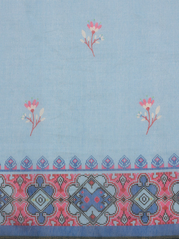 Sky Blue Cotton Blend Digital Print Floral Saree with Unstitched Blouse - Hiral Fashion - Distacart