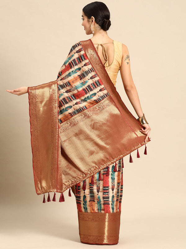 Beige Kanchipuram Silk Digital Print Abstract Saree with Unstitched Blouse - Hiral Fashion - Distacart