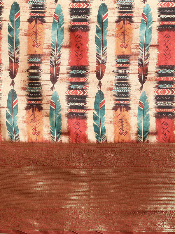 Beige Kanchipuram Silk Digital Print Abstract Saree with Unstitched Blouse - Hiral Fashion - Distacart