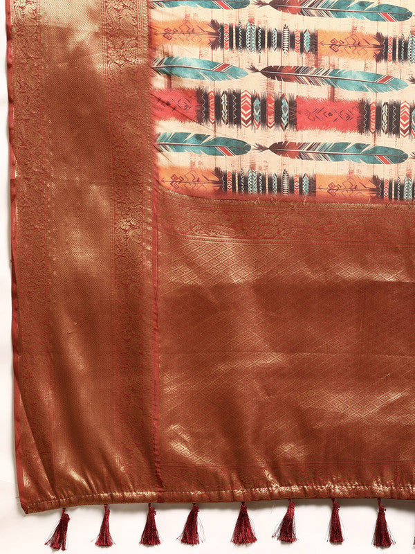 Beige Kanchipuram Silk Digital Print Abstract Saree with Unstitched Blouse - Hiral Fashion - Distacart