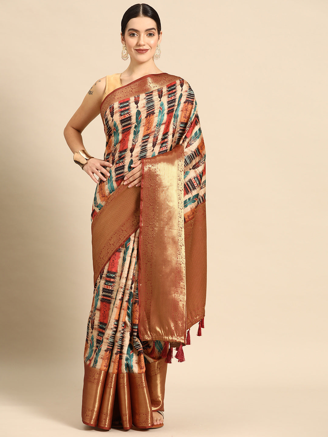 Beige Kanchipuram Silk Digital Print Abstract Saree with Unstitched Blouse - Hiral Fashion - Distacart