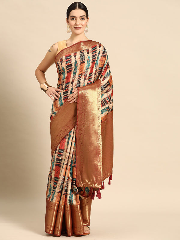 Beige Kanchipuram Silk Digital Print Abstract Saree with Unstitched Blouse - Hiral Fashion - Distacart