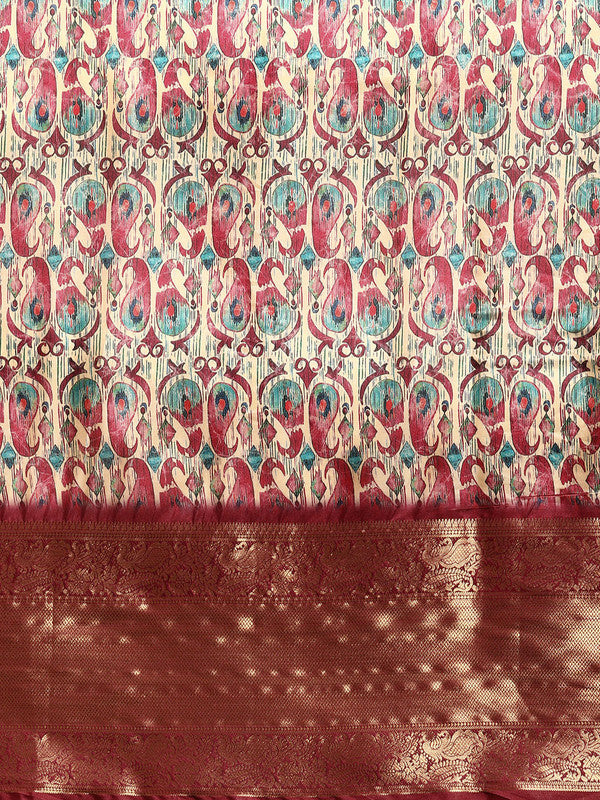 Off White Kanchipuram Silk Digital Print Paisely Saree with Unstitched Blouse - Hiral Fashion - Distacart